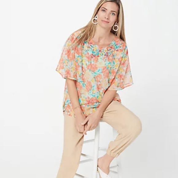 Jason Wu Tops - JASON WU Floral Chiffon Beaded Caftan Blouse